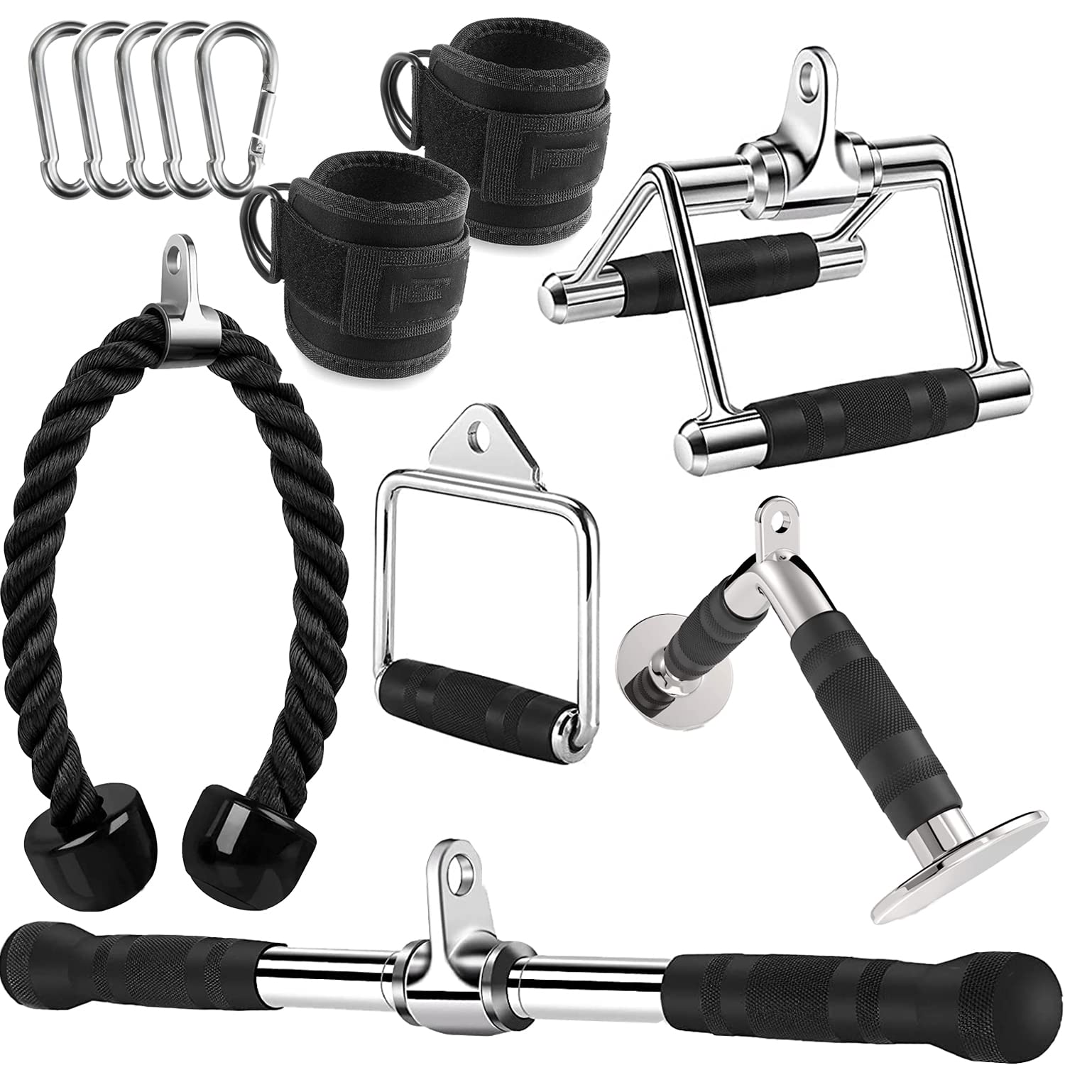 WNOEY Triceps Pull Down Attachment, Cable Machine Accessories for Home Gym (V Handle + Row Handle + Rotating Bar + Tricep Rope +