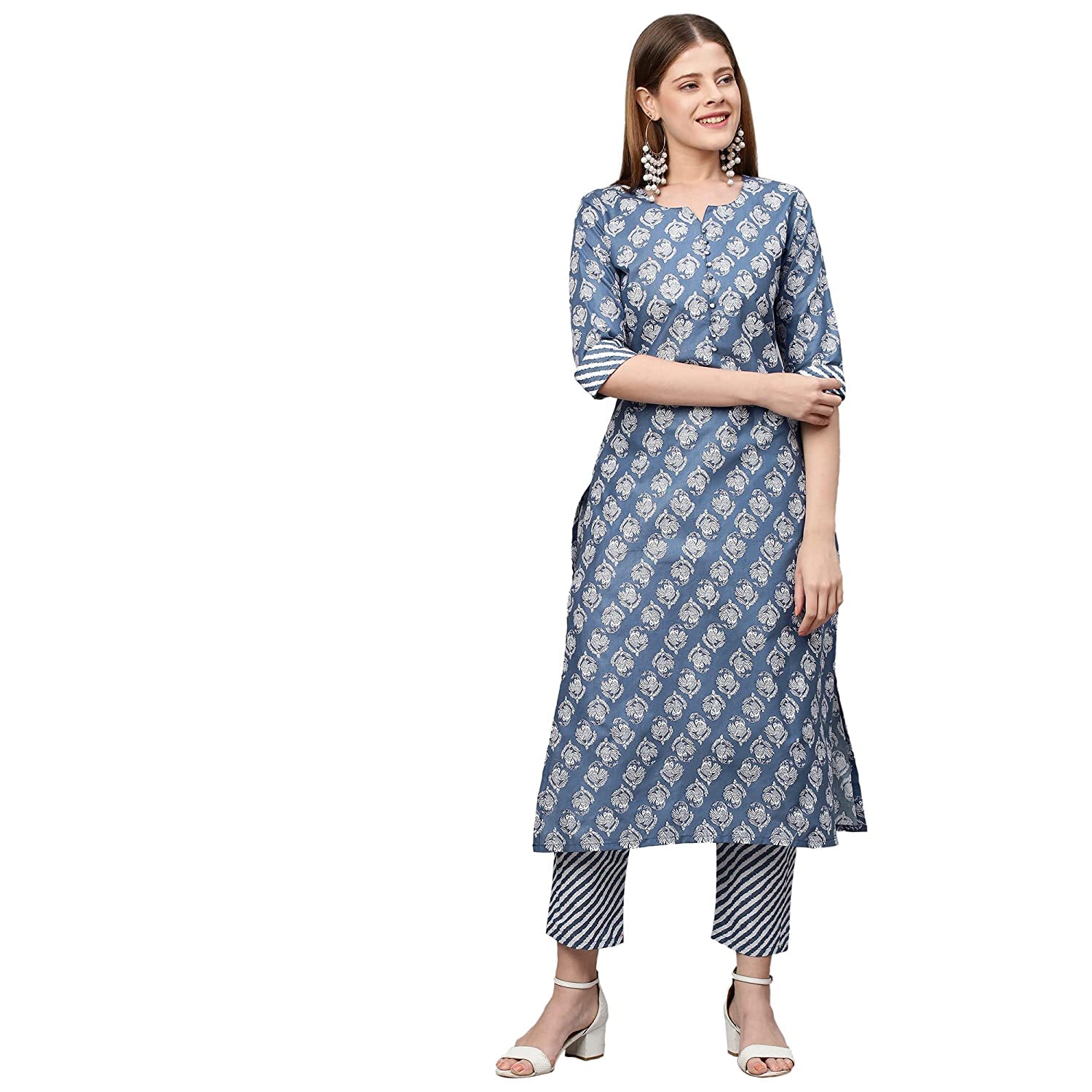 Anni Designer Women'S Cotton Blend Printed Straight Kurta With Pant (Funnu New01 Blue_3Xl_Blue_3Xxxx-Large),Blue,3XL