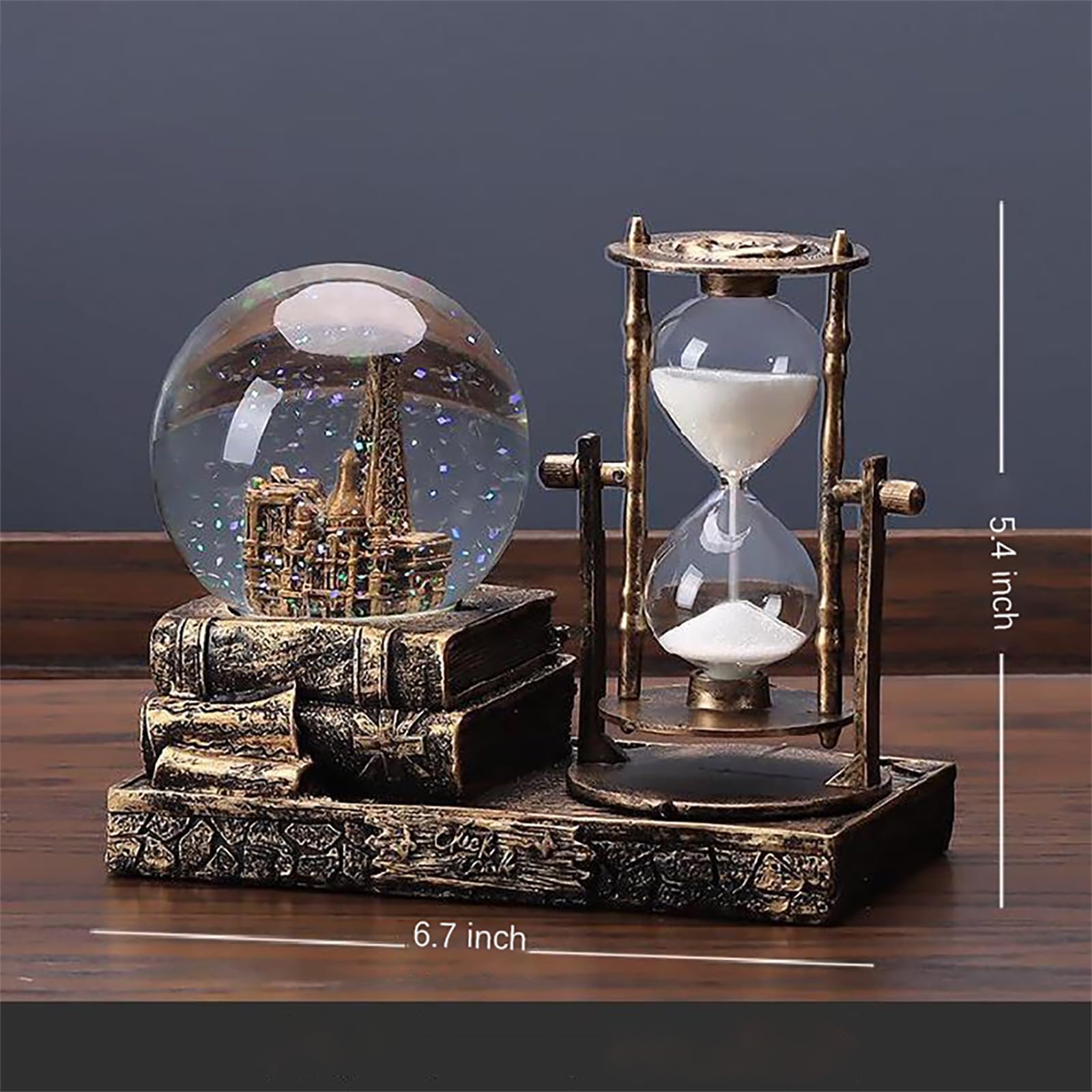LED Music Snow Globe with Hourglass Vintage Castle Paris Eiffel Tower Home Decoration for Living Room Bedroom Book Shelf TV Cabi