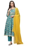 Stylum Women's Floral Print Rayon Anarkali Kurta Pant Dupatta Set (KPDORCHID44_Sea Green, XXL)