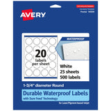 Avery Durable Waterproof Round Labels, Sure Feed Technology, 1.75 Diameter, 500 Total, Oil and Tear-Resistant Waterproof Labels,