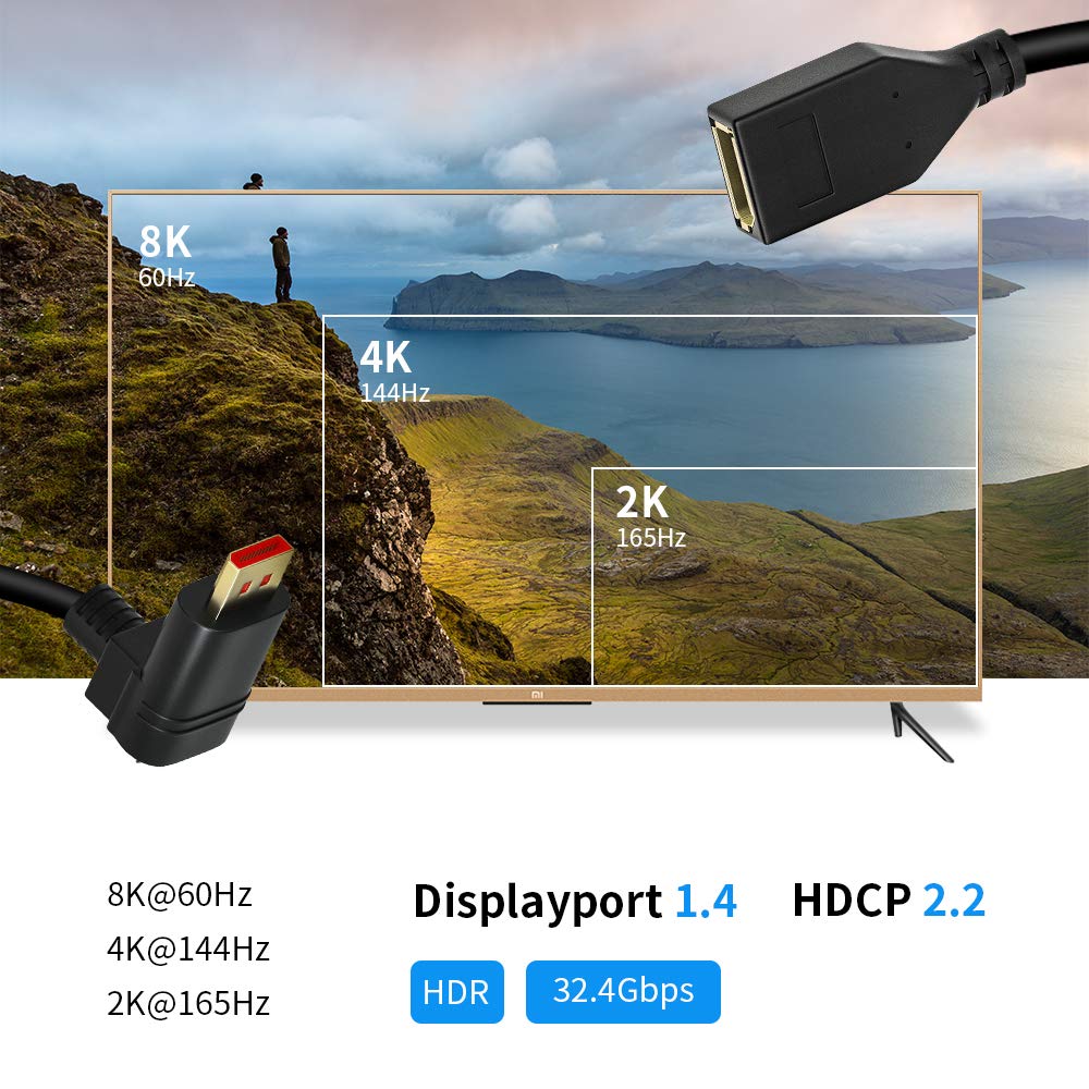 ALYYDBG 8K@60Hz 90 Degree Displayport 1.4 Extension Cable, Male to Female Right Angle DP 1.4 Cord Support 8k@60Hz, 4K@144hz 0.3M