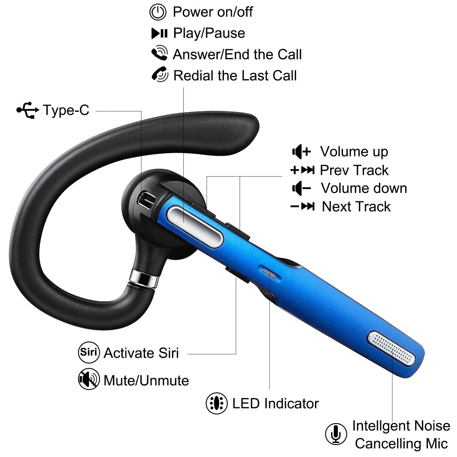 COMEXION Bluetooth Headset, Wireless Bluetooth Earpiece V5.0 Hands-Free Earphones with Stereo Noise Canceling Mic, Compatible iP
