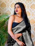 Sugathari Womens Banarasi Saree Pure Kanjivaram Silk Saree Soft New Ladies 2023 Design Wear Pattu Sarees Latest Cotton Party Sari Collections With Blouse Piece For Wedding Sadi (Pari S-4 Black)