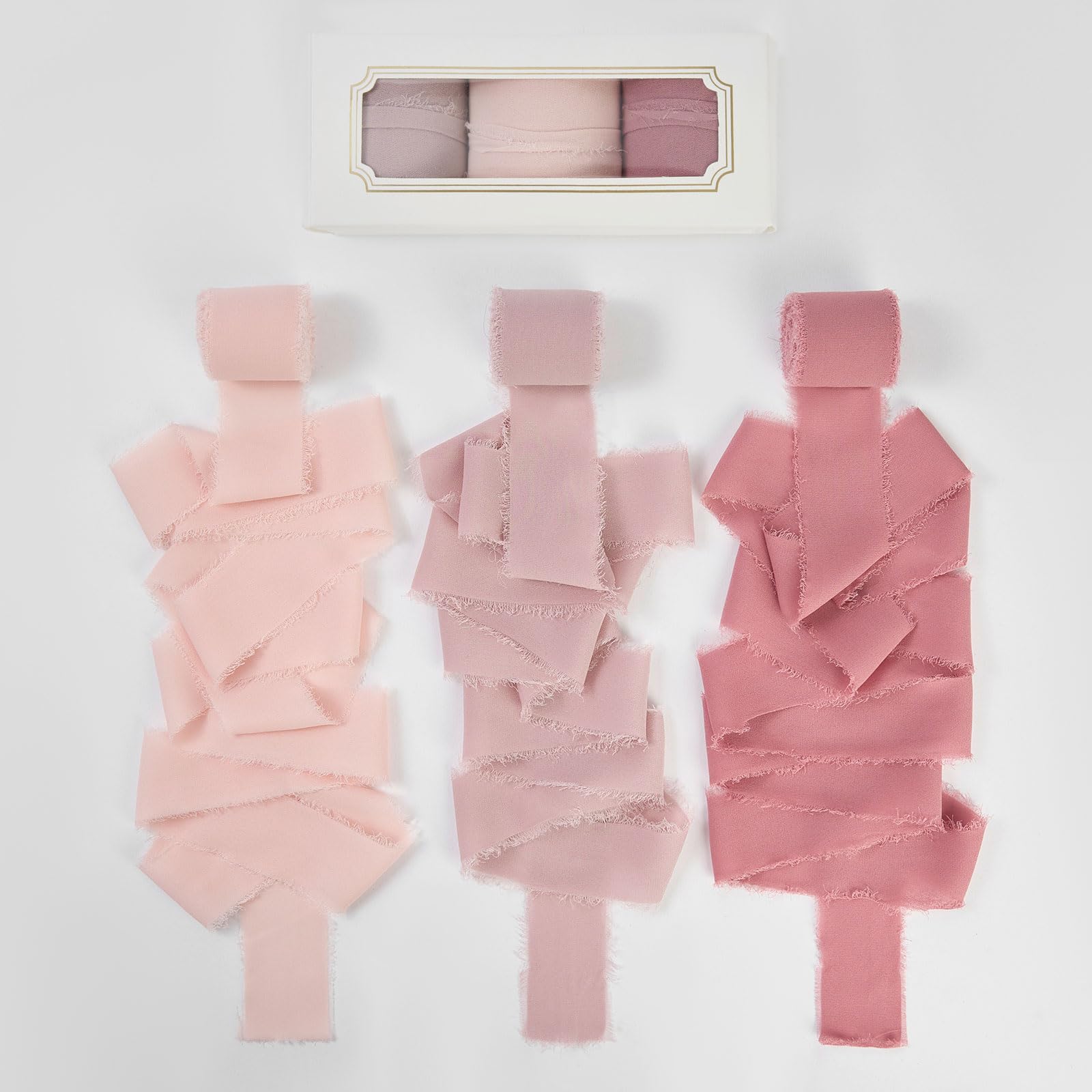 Pretty Jolly Dusty Pink Set Chiffon Ribbon for Gift Wrapping 3 Rolls 1 1/2 Inch x 5Yd Silk Ribbons Handmade Fringe Fabric Ribbon