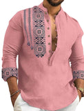 DEEMOON Mens Cotton Blend Long Sleeve Casual Short Kurta, Pink, L