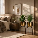 Indian Decormart Metal Planter With Stand (Gold Pot And Black Stand (Big, Pack Of 2))