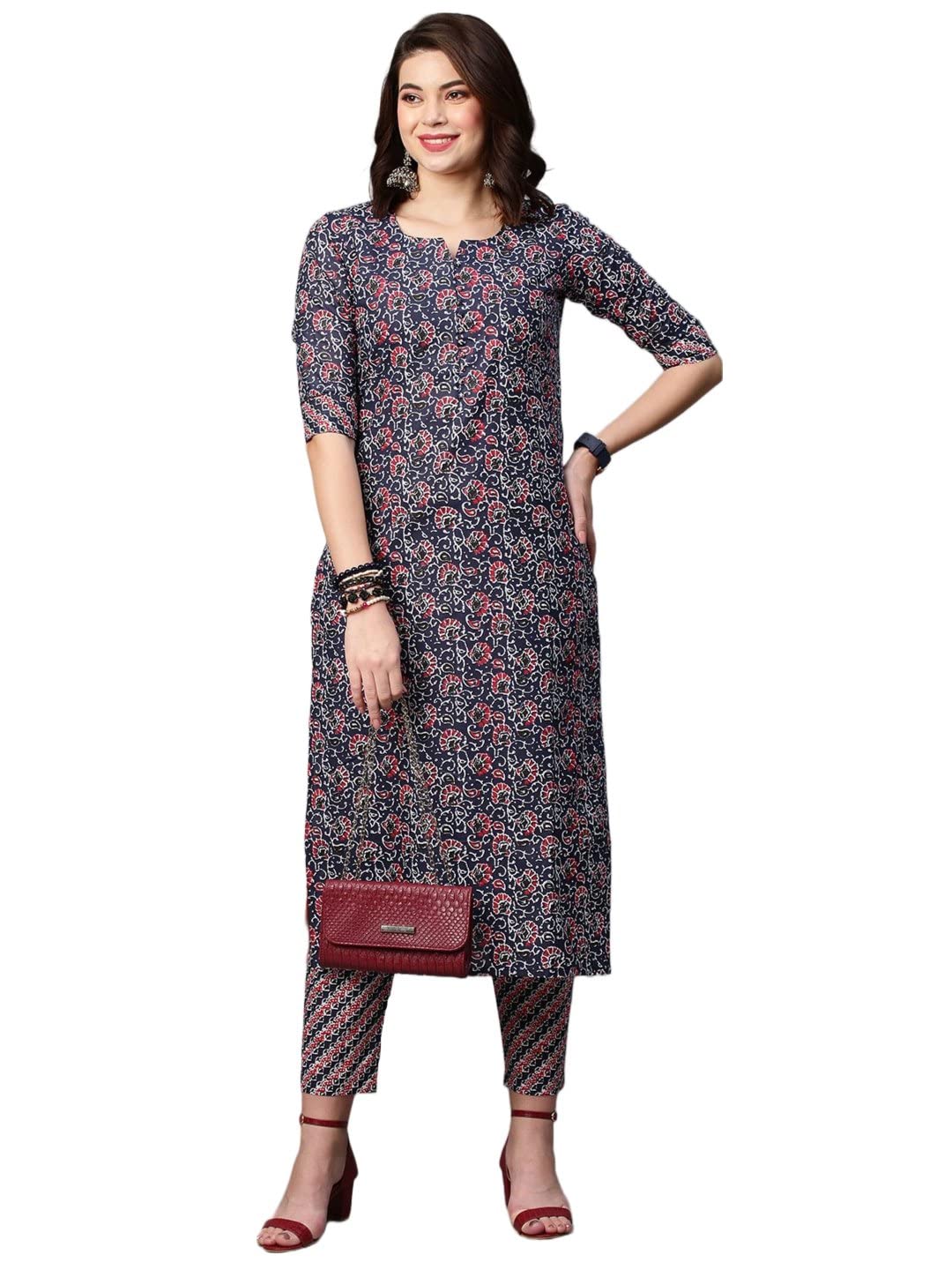 Gosriki Women'S Cotton Blend Traditional Straight Printed Kurta And Palazzo Set (Janar Dark Blue-32_Xxl-Gs_Dark Blue_Xx-Large),Dark Blue,2,B0BRFSCSTT