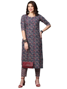 Gosriki Women'S Cotton Blend Traditional Straight Printed Kurta And Palazzo Set (Janar Dark Blue-32_Xxl-Gs_Dark Blue_Xx-Large),Dark Blue,2,B0BRFSCSTT