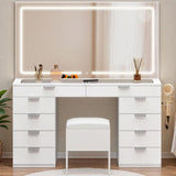 DWVO Makeup Vanity with LED Mirror and Charging Ports, 10-Drawer Vanity Set with Glass Top, Hair Dryer Holder, 3 Adjustable Ligh