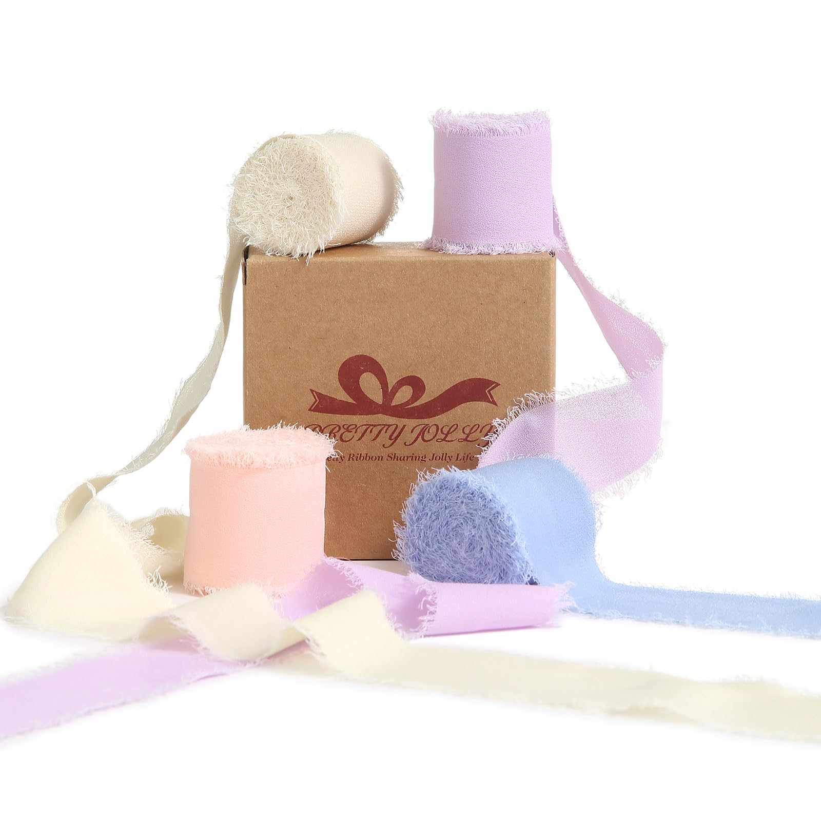 Pretty Jolly Pink Blue Yellow Purple Chiffon Ribbon for Gift Wrapping 4 Rolls 1 1/2 Inch x 5Yd Silk Ribbons Handmade Fringe Fabr