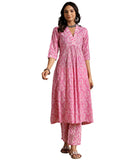 Libas Womens Printed Cotton A-Line Kurta With Trousers