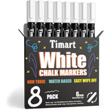 Timart 8 Pack White Chalk Markers, 6mm Liquid Chalk Markers for Chalkboards Signs, Blackboards, Windows, Glass- Reversible Tip, 
