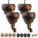 TCHOSUZ 6 inch / 14cm Wooden Furniture Legs with Casters Wheels, Pack of 4 Classic Glaze Solid Wood Round DIY Replacement Bun Fe