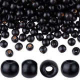 HINZIC 200pcs Black Wooden Beads, 9x10mm Large Hole Macrame Bead, Natural Wood Hair Bead, Round Loose Spacer Beads for Making Ha
