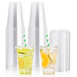 JOLLY PARTY 100Pack 16 oz Clear Plastic Cups With Flat Lids, Disposable Clear Cups with Straw Slot Lids, Crystal Clear Disposabl