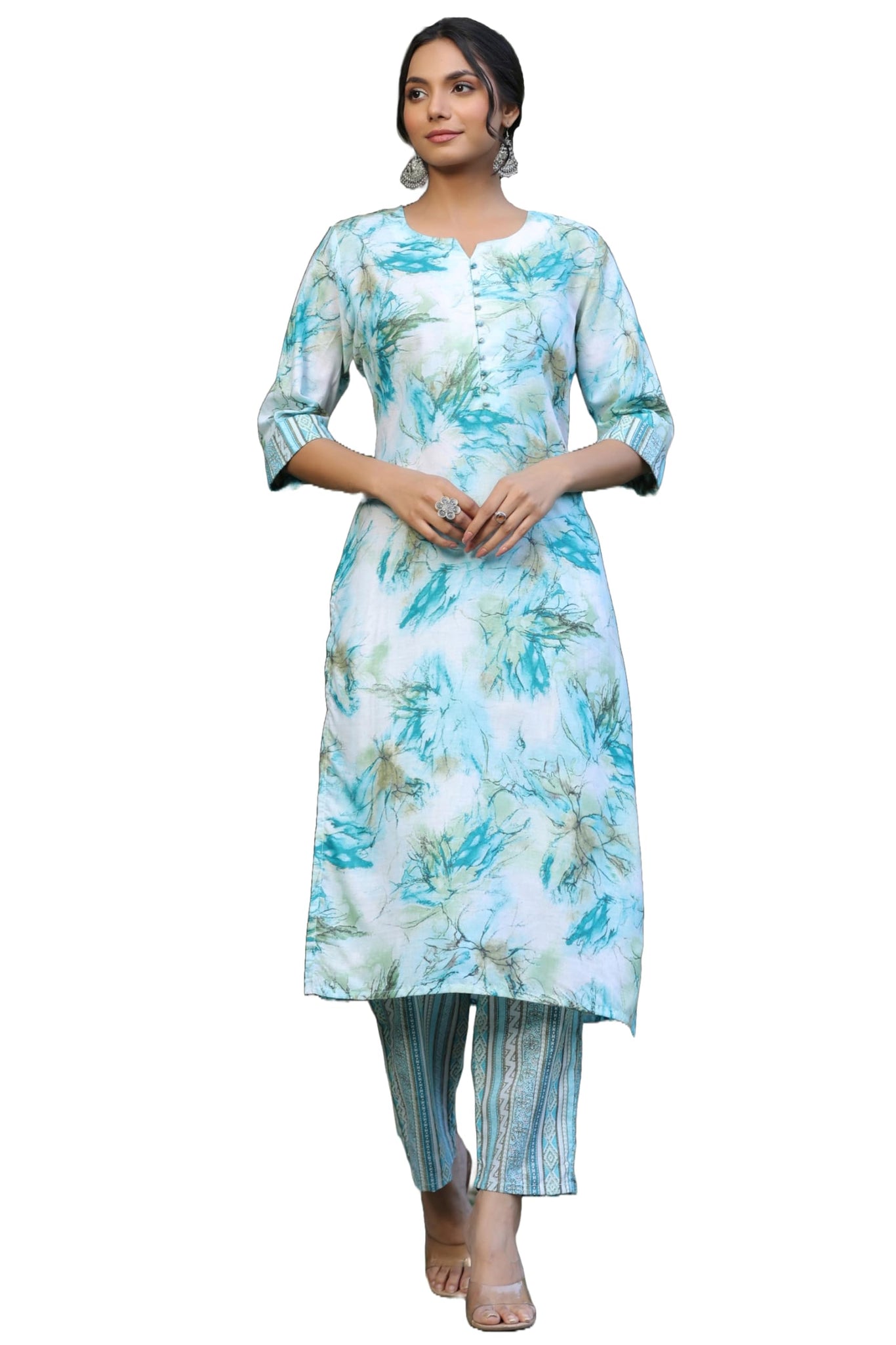 Anni Designer Women'S Cotton Blend Straight Printed Kurta With Pant (Ps-Rama-Blue-Bfv_S_Blue_Small),Blue,S,,,