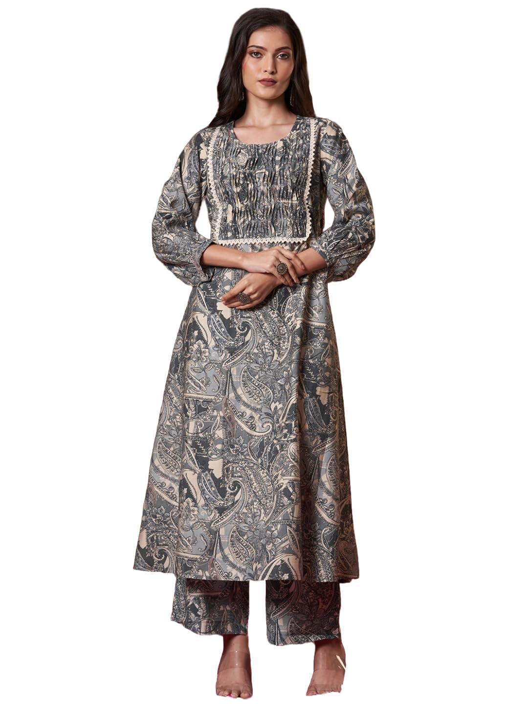 Anni Designer Women'S Rayon Blend Straight Printed Kurta With Pant (Marco Grey_Xxl_Grey_Xx-Large),Grey,2XL