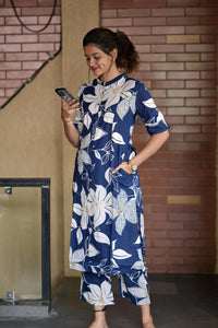 Anni Designer Women'S Rayon Viscose Straight Printed Kurta With Pant (Sunoni Blue_Xl_Blue_X-Large),Blue,XL,Rayon,Regular,