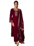 Libas Womens Embellished Velvet Straight Kurta With Trousers And Dupatta