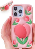 TUFTA Cute 3D Flower Phone Case for iPhone 16 Pro - Retractable Stand & Grip with Floral Design - Girly Aesthetic Pink Tulip Sof