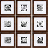 Yaetm 8x8 Picture Frame with Mat for 4x4 Set of 9, Square 8x8 Frame Brown Wood Grain, Gallery Wall Frames 8 x 8 for Wall Mounting Display (9 Pack, Brown)