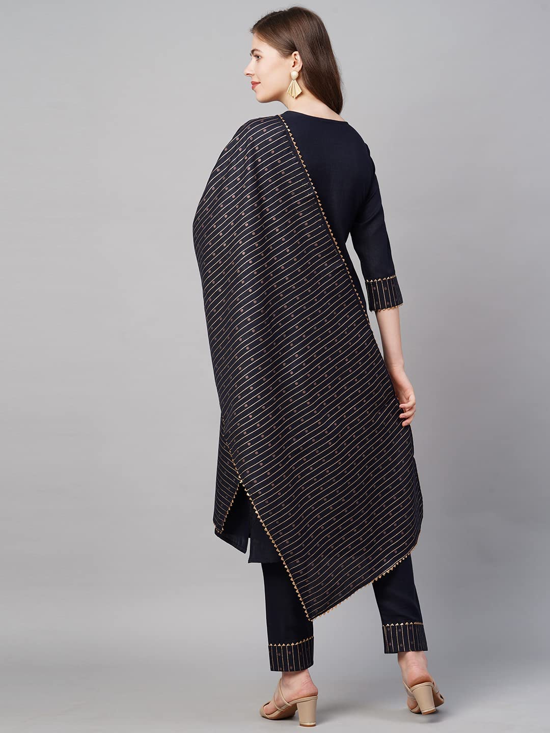 Anni Designer Women'S Cotton Straight Kurta With Pant & Dupatta (Kptd-Cot-10069-Navy Blue_Xxl_Dark Blue_Xx-Large),Dark Blue,2XL,Cotton,Straight,Pants, Dupatta