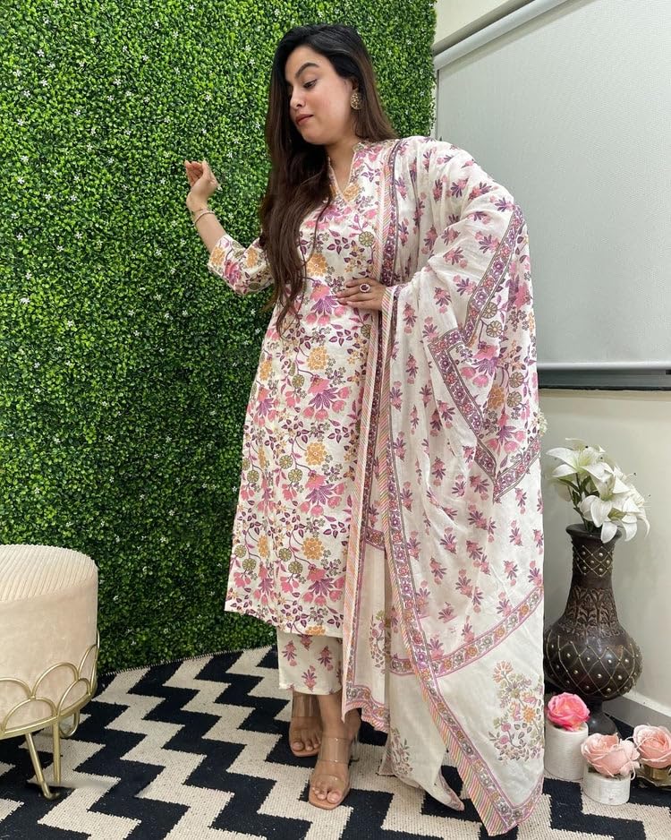 Anni Designer Women'S Rayon Blend Straight Printed Kurta With Pant & Dupatta (Fuldani Pink_Xxl_Pink_Xx-Large),Pink,2XL,Rayon Blend,Regular,