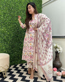 Anni Designer Women'S Rayon Blend Straight Printed Kurta With Pant & Dupatta (Fuldani Pink_Xxl_Pink_Xx-Large),Pink,2XL,Rayon Blend,Regular,