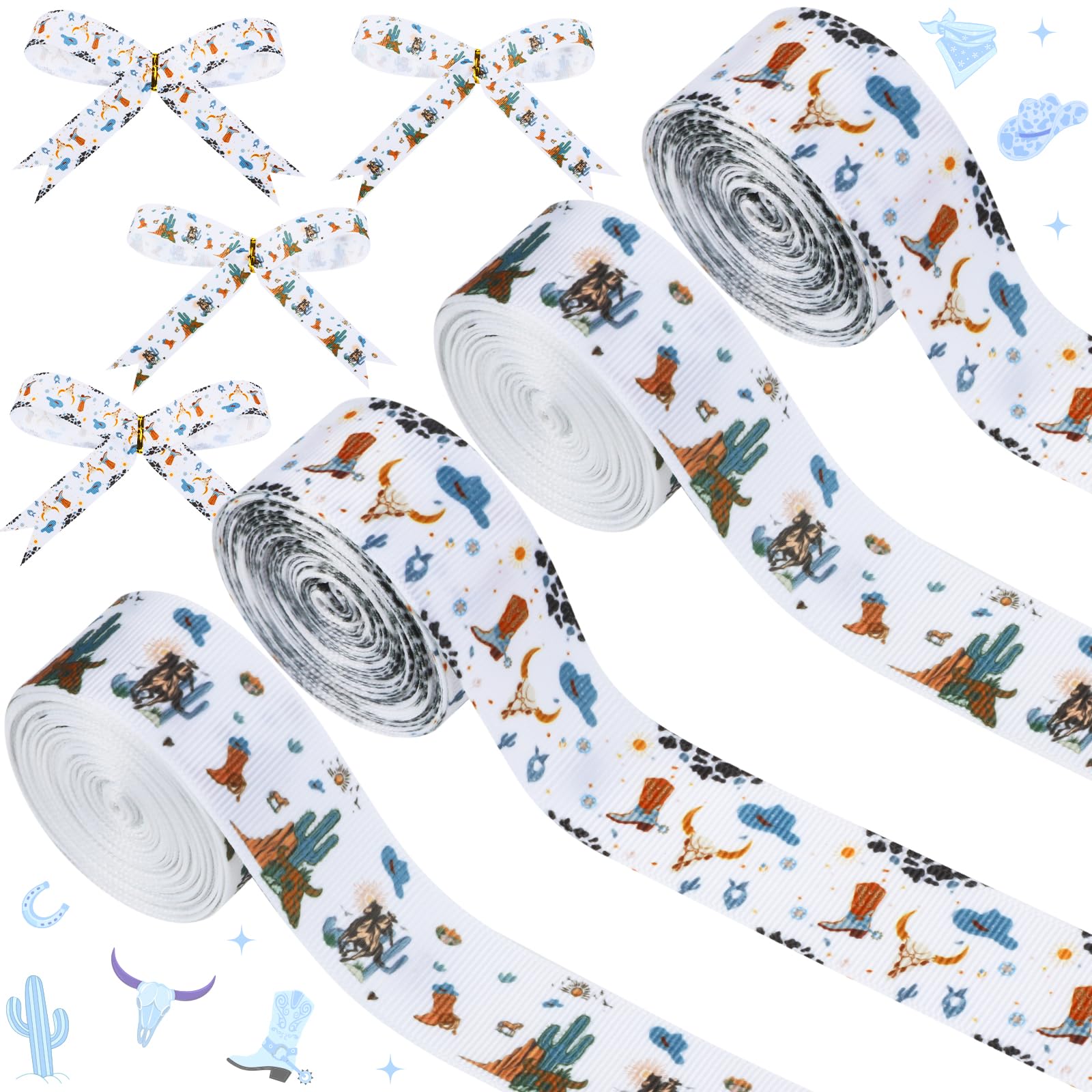 Cheerupp 4 Rolls Cowboy Theme Ribbons, 20 Yards Craft Ribbons for Wreath Hair Bow Wrapping Gifts Packing, Western Cowboy Grosgra