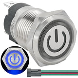 UL Listed (15Amp) 16mm 5/8 Latching Push Button Switch Blue 110V-120V AC/DC Waterproof IP67 Power Button SPST with LED Angel E