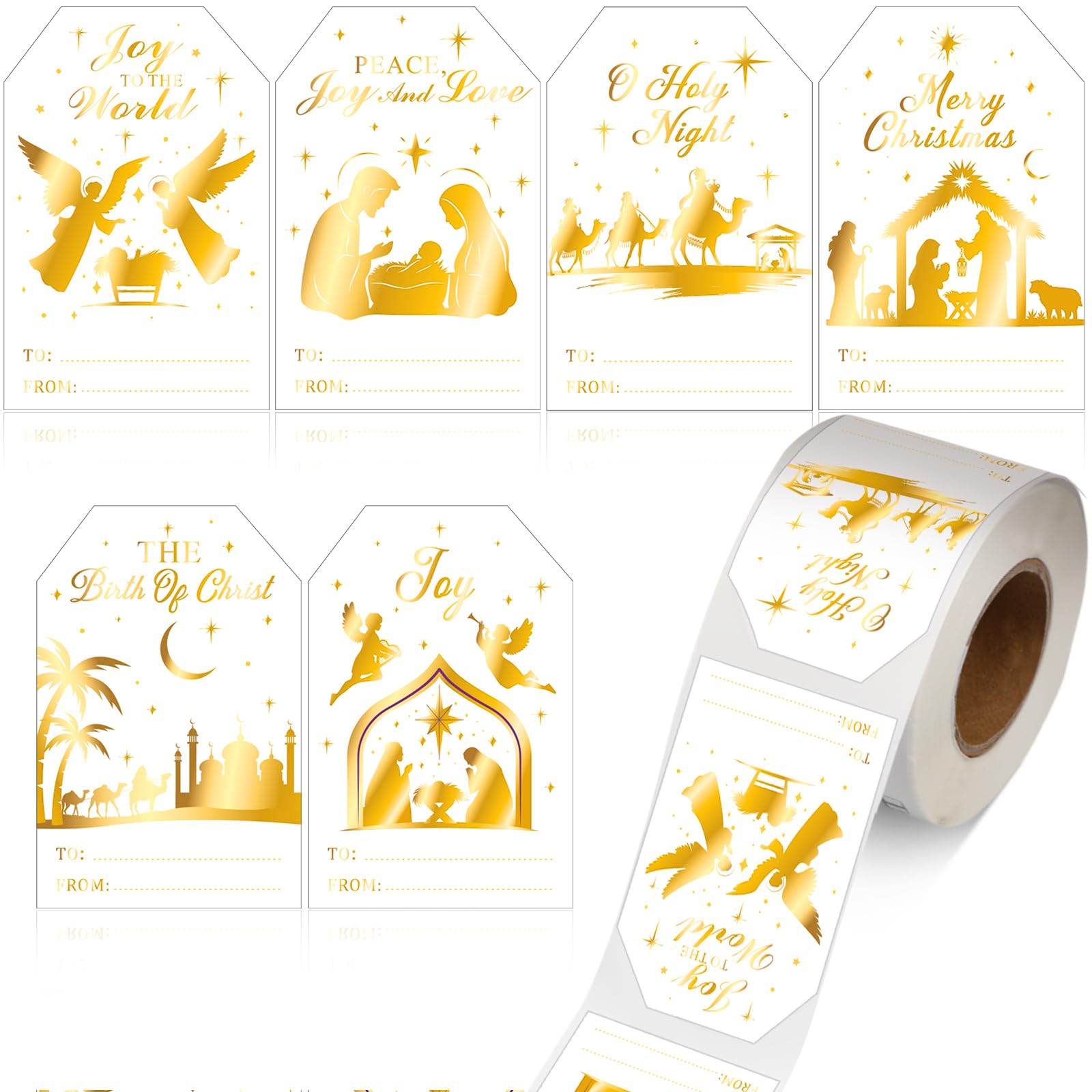 Containlol 300 Pcs Christmas Gift Stickers Nativity White Gold Name Tags Xmas Self Adhesive Label Stickers Roll Christmas Birth 