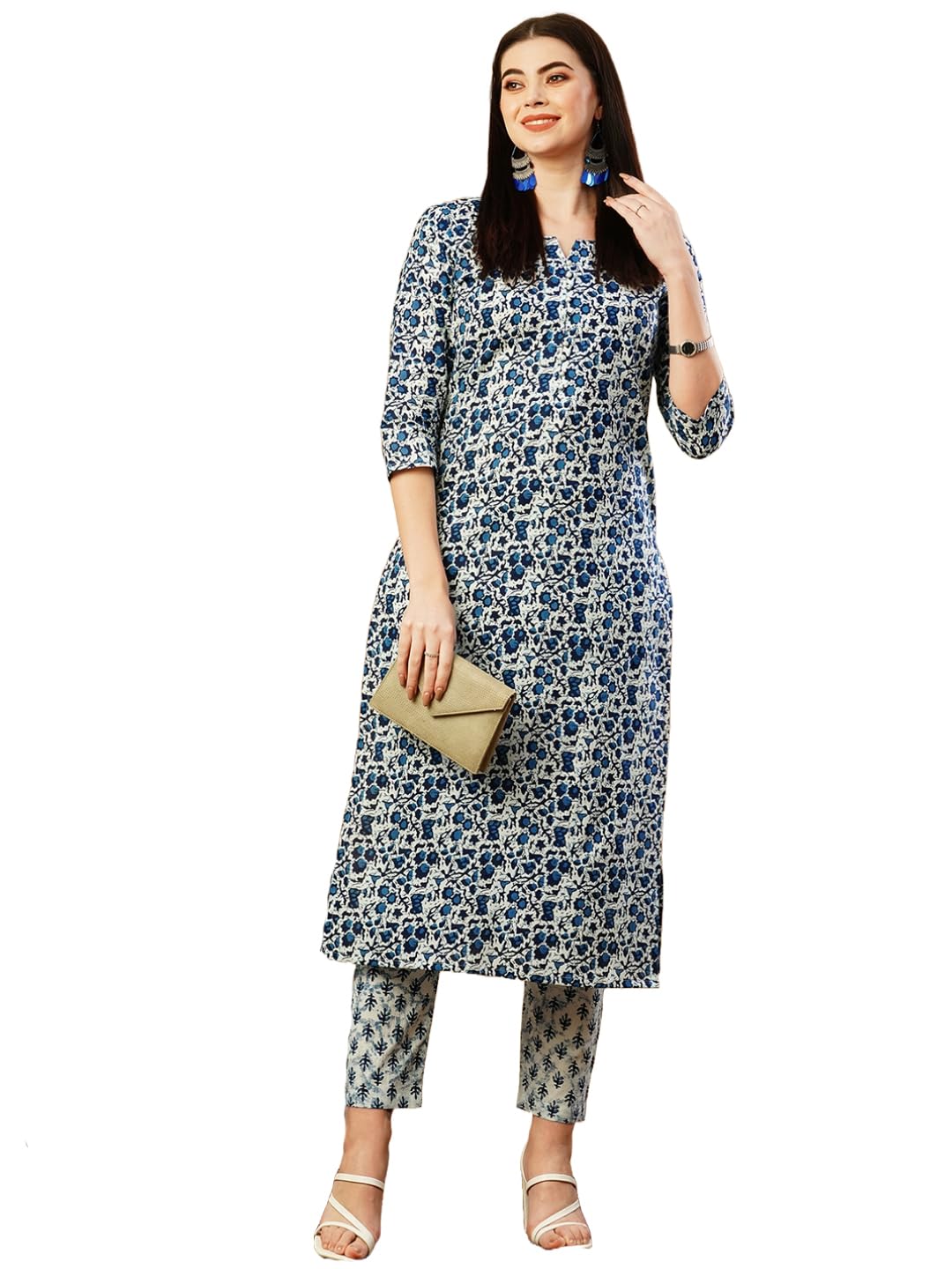Anni Designer Women'S Cotton Blend Straight Printed Kurta With Pant (Nirjal Blue_M_Blue_Medium),Blue,M