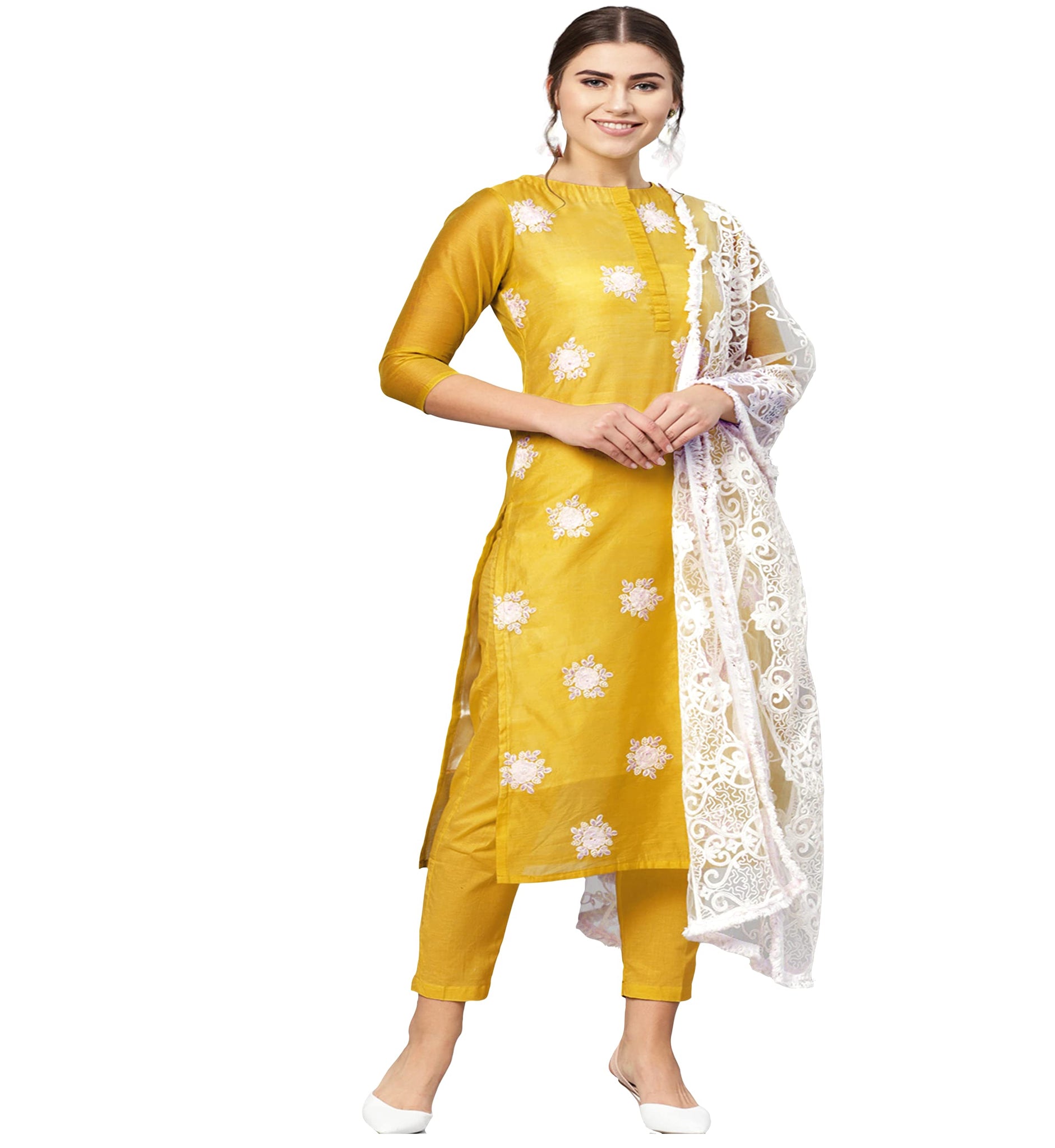 Anni Designer Women'S Ruby Cotton Straight Embroidery Kurti With Pant & Dupatta Set (White-Show Multicolor_Xl Multicolor_X-Large),Multicolour,XL