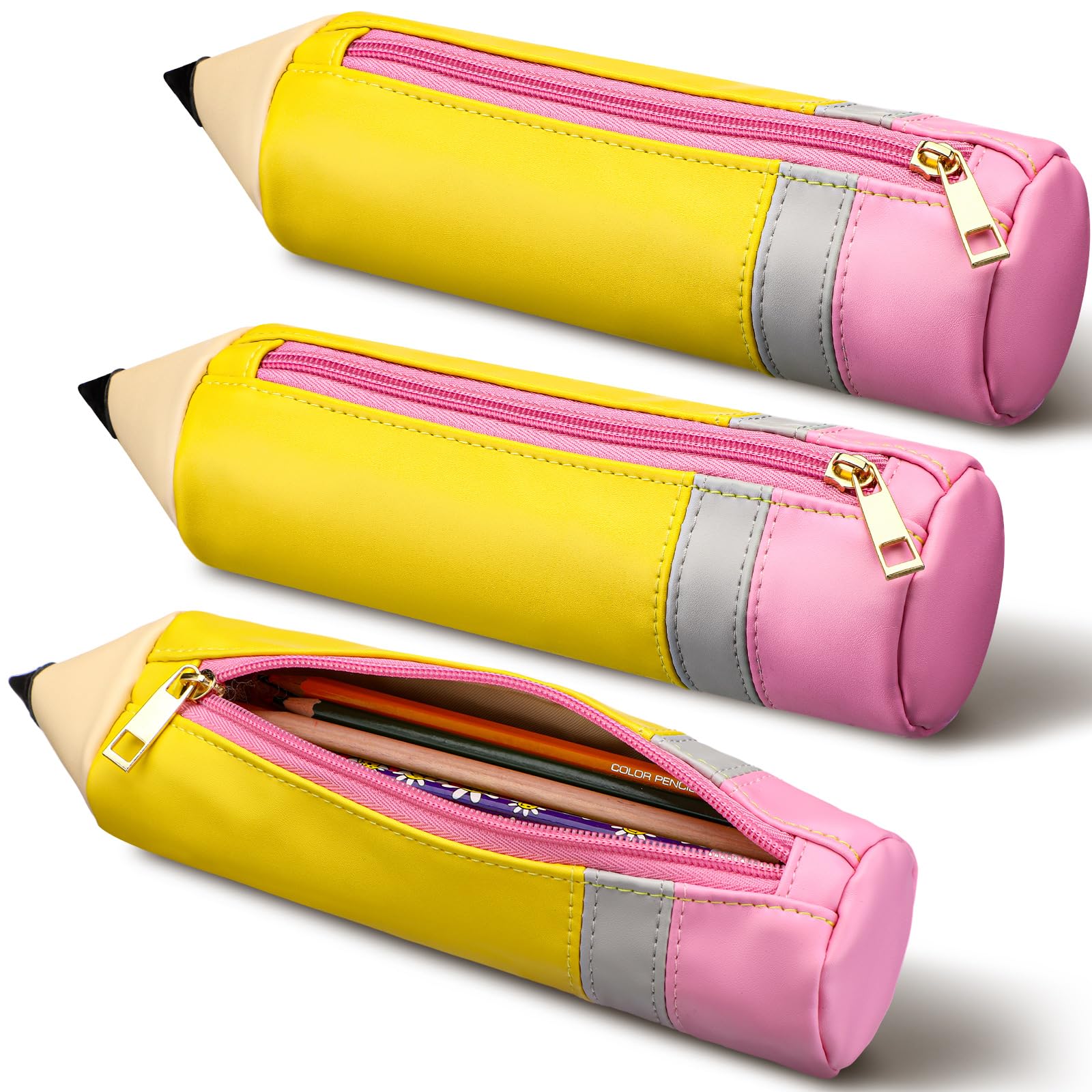 Kisston 3 Pcs Pencil Shaped Case, Leather Teacher Pencil Pouch, Cute 3D Dimensional Pen Holder with Zipper, Funny Large Capacity