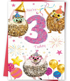 FANCYLUCKY 3 Year Old Birthday Card for Girls Her, 3rd Birthday Card for Daughter Granddaughter Niece, Hedgehog Bday Decoration 