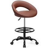 BESTFAIR Drafting Chair with Back, Height Adjustable Rolling Stool with Foot Rest, Tall 360 Swivel Stool PU Leather Chair with W