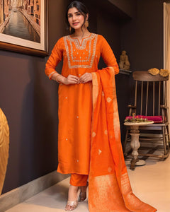 Anni Designer Women'S Silk Blend Straight Embroidered Kurta With Pant & Dupatta (Manushi Orange-Vks05_M_Orange_Medium),Orange,M,,,