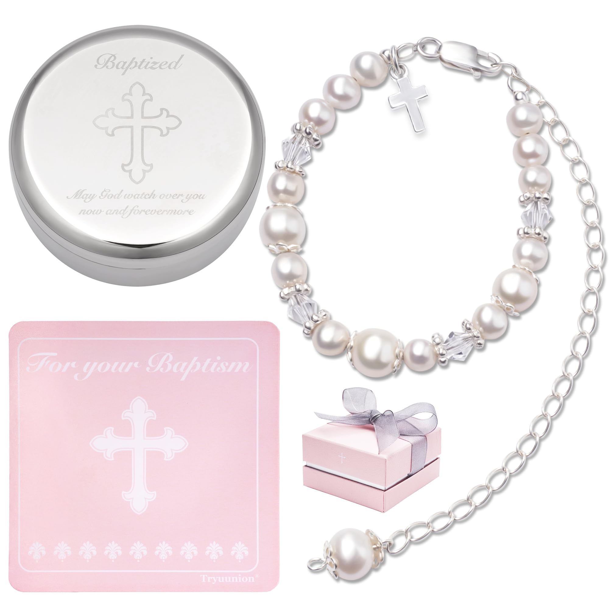 Tryuunion Baptism Bracelet in Sterling Silver and Cultured Pearls for Baby Girls, with Silver-plated Jewelry Keepsake Box, Great