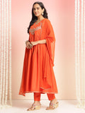 Anni Designer Women'S Rayon Blend Embroidered Anarkali Kurta With Pant & Dupatta (Sharvali Orange_Xxl_Orange_Xx-Large),Orange,2XL,Rayon,Anarkali,