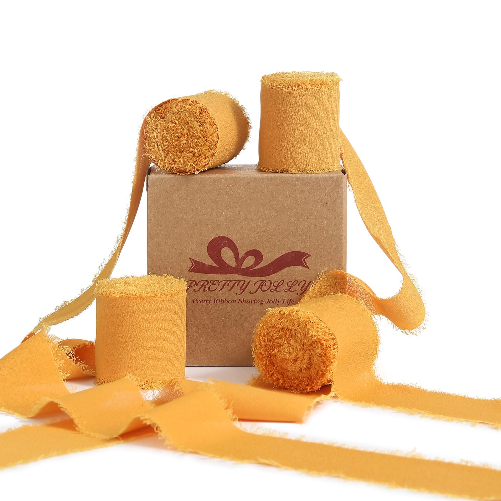 Pretty Jolly Gold Chiffon Ribbon for Gift Wrapping 4 Rolls 1 1/2 Inch x 5Yd Silk Ribbons Handmade Fringe Fabric Ribbon for Flowe