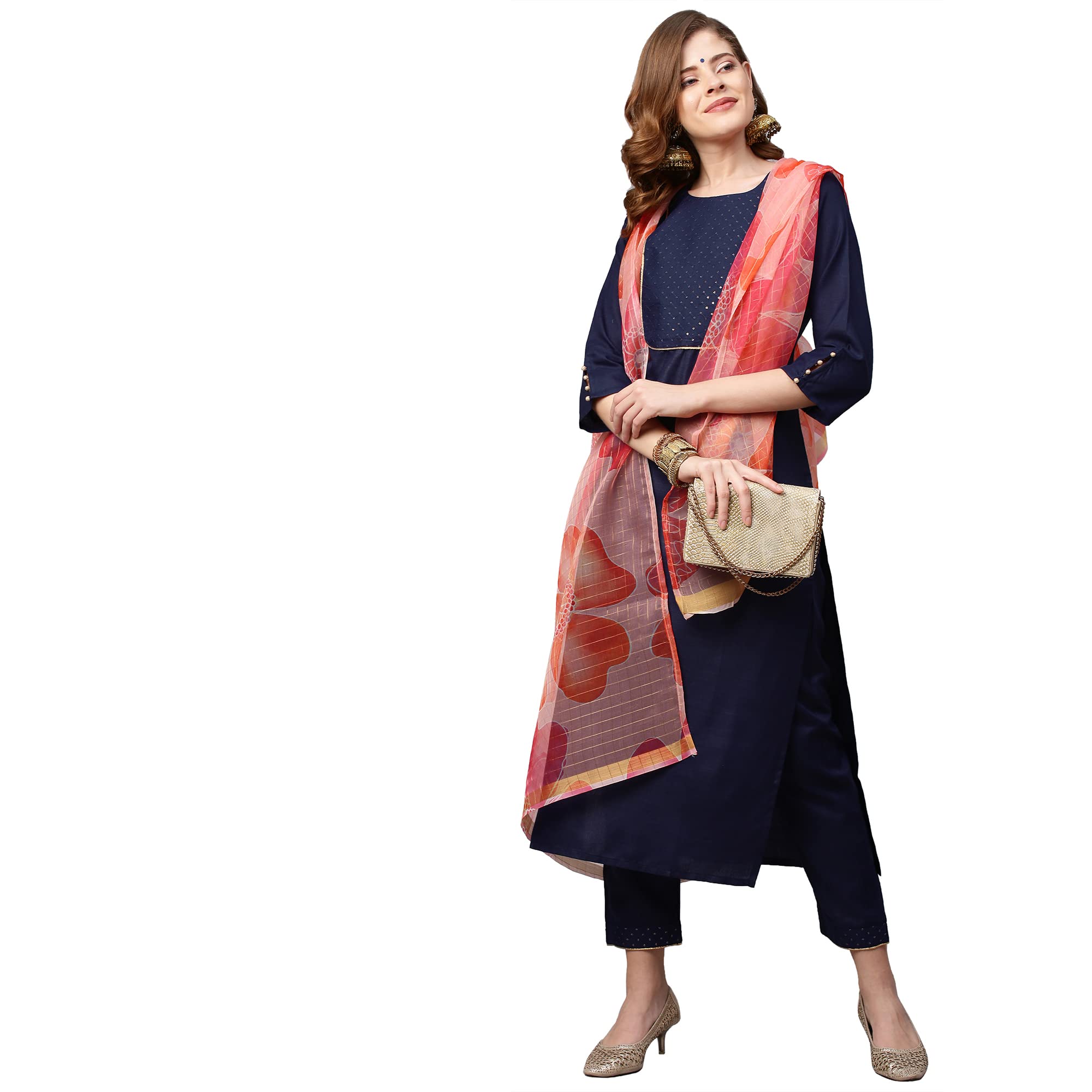 Gosriki Women'S Cotton Blend Kurta With Pant & Dupatta (Jhony-Go_Blue_Xx-Large),Blue,2,B0B2RQTZ9C