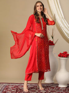 Anni Designer Women'S Cotton Blend Bandhani Printed Straight Kurta With Pant & Dupatta (Turae-Red-Nw_5Xl_Red_Xxxxx-Large),Red,5XL,,,