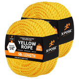 Yellow Twisted Polypropylene Rope, 1/4 Thickness x 50' Length Heavy Duty Poly Ropes for Outdoor and Marine Use, Yellow Rope for 