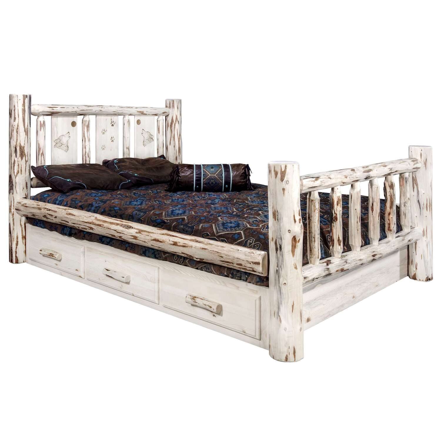 Montana Collection King Storage Bed W/Laser Engraved Wolf Design, Ready To Finish