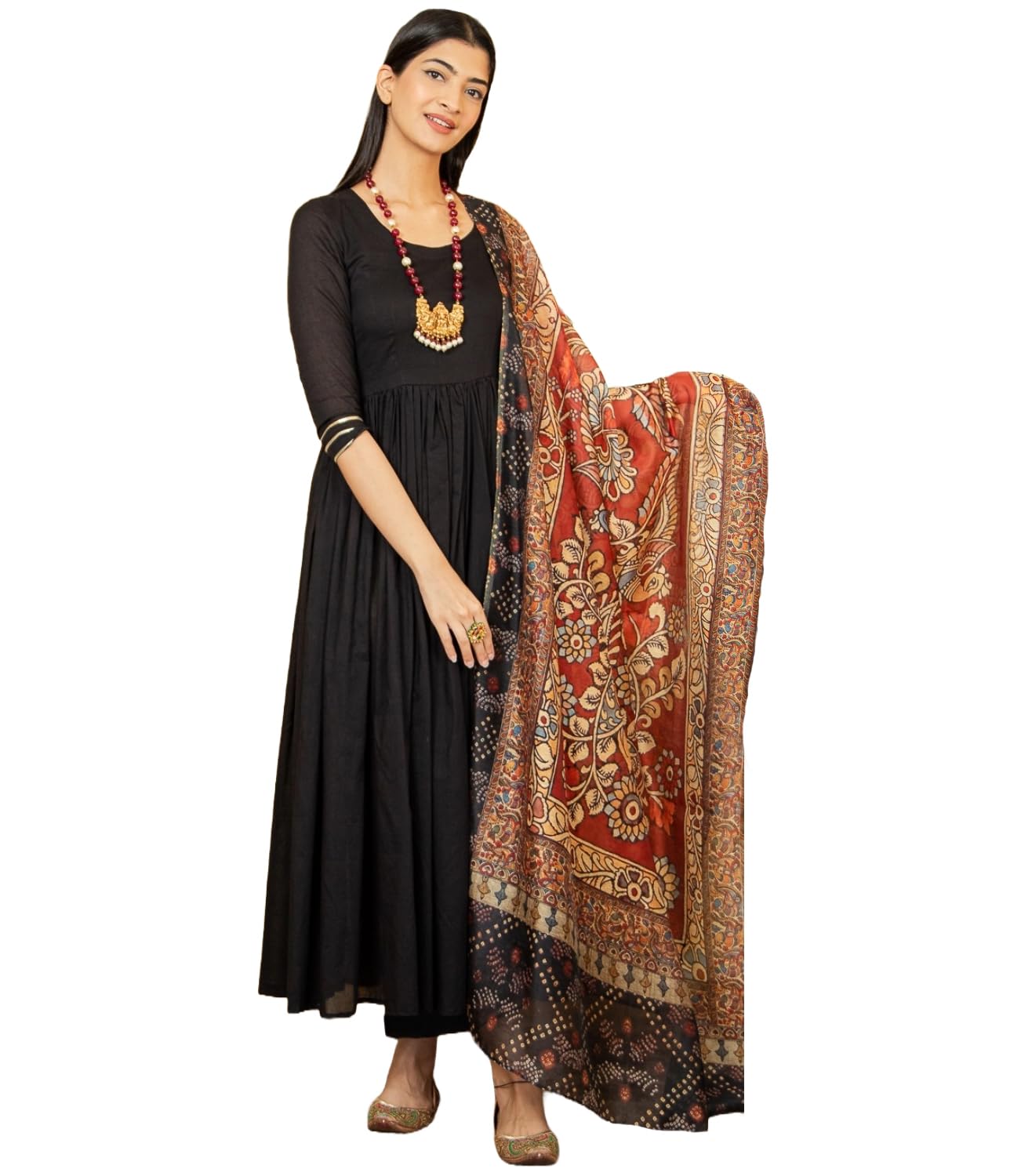 Gosriki Women'S Cotton Blend Anarkali Solid Kurta With Pant & Dupatta (Pavalino Black-Gs_Xl_Black_X-Large),Black,,B0D4VN3NZQ