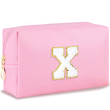URSKYTOUS Initial Makeup Bag Personalized Preppy Travel Small Cosmetic Bag Cute PU Pink Chenille Letter Makeup Pouch for Purse W