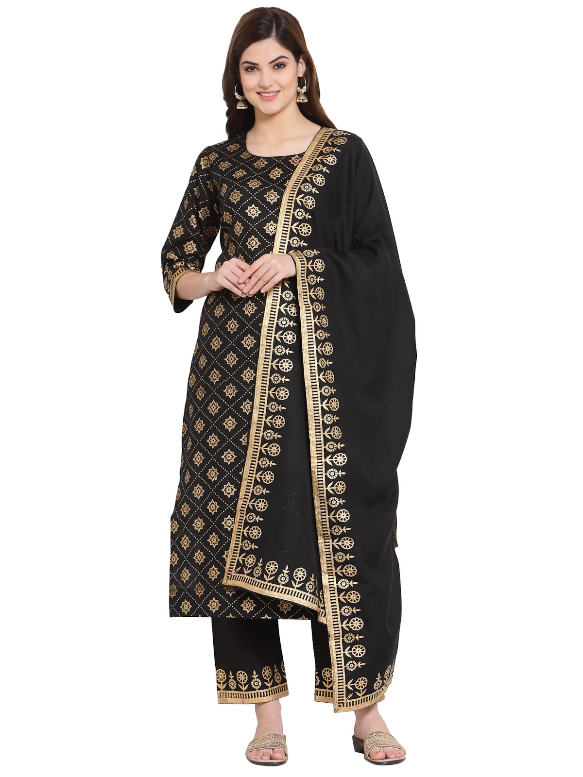 Anni Designer Women'S Straight Cotton Kurta With Palazzo & Dupatta (Kpzd-Cot-10001-Black_Xl_Black_X-Large),Black,XL