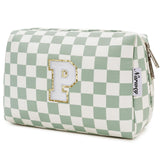 Narwey Personalized Initial Makeup Bag Toiletry Bag Gifts for Women Girls Large Checkered Makeup Bag Zipper Pouch Travel Cosmeti