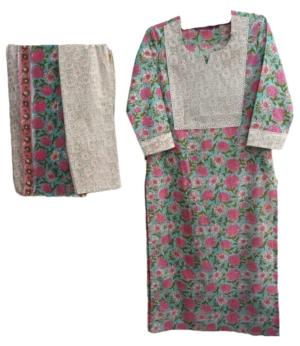 Anni Designer Women'S Cotton Blend Straight Printed Kurta With Pant & Dupatta (Spring Green-Nw_S_Green_Small),Green,S